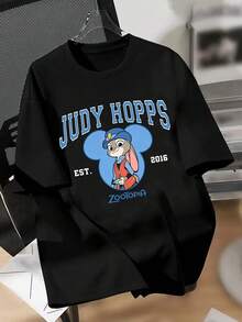 Camiseta con estampado de Disney Judy, Disney Mad Animal City Judy - Diseño estampado a doble cara, camiseta de manga corta de verano para hombre de cuento de hadas de Disney Zootopia, camiseta de manga corta de algodón 100% de alta calidad, camiseta de manga corta de verano relajada y transpirable, universal para hombres y mujeres, ropa de viaje a Disneyland, ropa para parejas, ocio, calle, vacaciones, campus, el mejor regalo - Negro - Ver 2