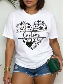 Women's Plus Size 100% Cotton Casual T-Shirt With Fun Print, Round Neck, Short Sleeve, Medical Symbols (Heart, Stethoscope, Compassion, Patience), For Nurses, Doctors And Healthcare Workers, Gift For Nurses Day, Birthdays Or Holidays - 白色 - 查看 6