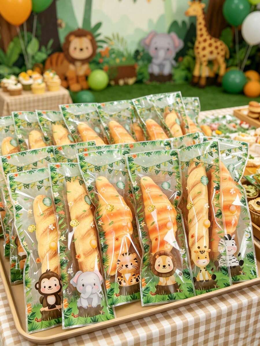 100个透明糖果袋，丛林动物主题，生日、节日、婚礼礼品袋、野性派对礼品袋、婴儿派对糖果袋、焦糖苹果包装袋、生日派对透明食品包装袋、食品包装用品、婚礼糖果礼品袋、厨房烘焙袋、丛林动物装饰、生日礼物、派对礼品、毕业典礼