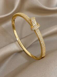 18K Gold Plated Full Diamond Knot Bangle Bracelet, Girl's Bracelet, Charming Bracelet, High-End Luxury Jewelry, Copper Bracelet, Suitable For Daily Wear, Parties, Vacation Season, Girl's Beach Accessories, Summer Accessories, Birthday Gift, Mother's Day Gift, Valentine's Day Gift, Girlfriend Gift, Bohemian Style Jewelry - Multicolor - View 2