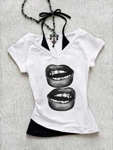 Camiseta de mujer casual de cuello en V retro, con atar, de manga corta y contraste de color, adecuada para el verano - Blanco 2 - Ver 4
