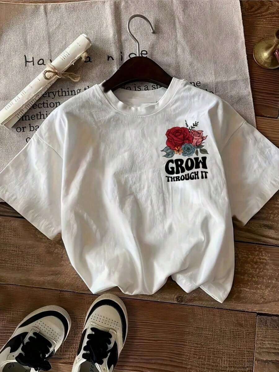 Camiseta Casual de Manga Corta para Mujer con Estampado de Rosas y Cuello Redondo - Blanco - Ver 1