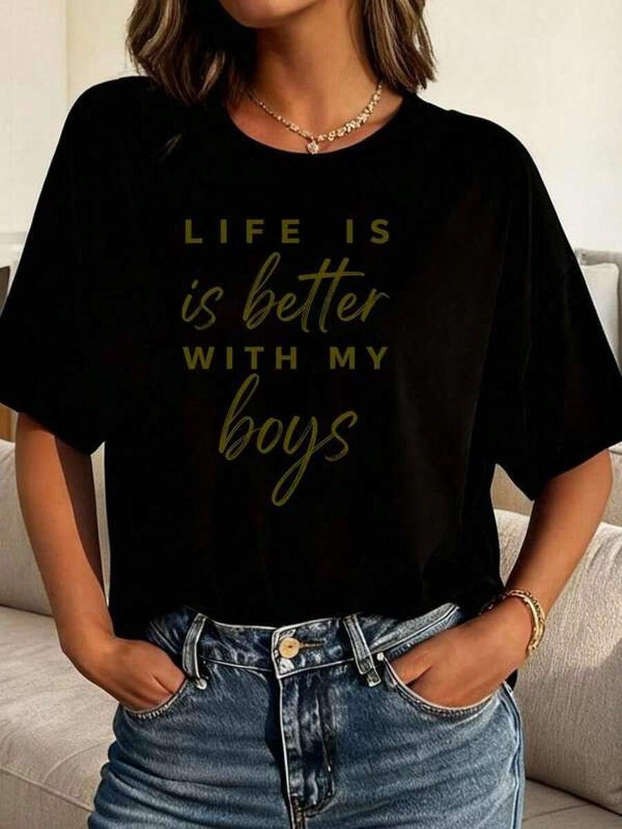 Camiseta casual de manga corta y cuello redondo adecuada para - usar - top suave de diario con estampado de letras del alfabeto, blusa para, lavable aáquina, ropa casual y pieza de capa.Camisetas gráficas .jpg para mujeres, tops cortos de verano para mujeres, tops de verano, camiseta Children's clothing - Negro - Ver 1