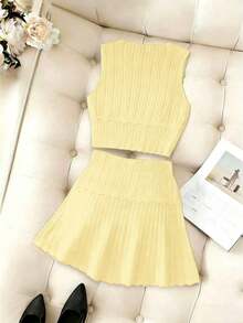 Set de 2 suéteres de punto acanalado sin mangas de cuello redondo de unicolor, versátil - Amarillo - Ver 2
