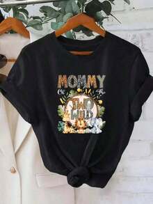 NewSummerCasualMommy Of The Two, versátil, adecuada para ropa urbana, salidas diarias, campamentos, conciertos, hip-hop, rock y camisetas de cuello redondo para mujer con estampado de animales salvajes, temática de jungla, animales de dibujos animados adorables, regalo para madres, ropa para mamá. Camiseta unisex de algodón holgada de manga corta y cuello redondo estilo vintage urbano - Negro - Ver 1