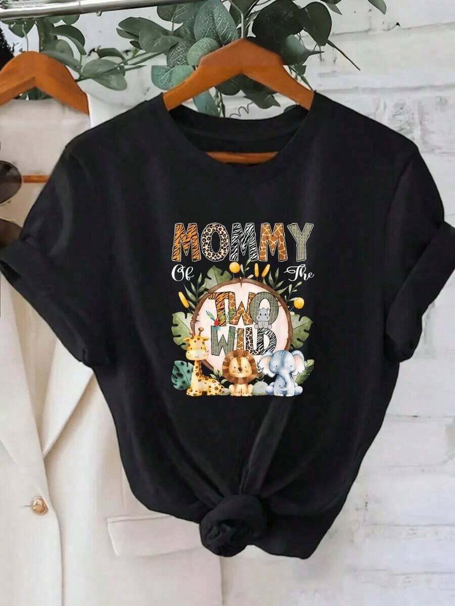 NewSummerCasualMommy Of The Two, versátil, adecuada para ropa urbana, salidas diarias, campamentos, conciertos, hip-hop, rock y camisetas de cuello redondo para mujer con estampado de animales salvajes, temática de jungla, animales de dibujos animados adorables, regalo para madres, ropa para mamá. Camiseta unisex de algodón holgada de manga corta y cuello redondo estilo vintage urbano - Negro - Ver 1