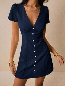 Vestido mini de manga corta con cuello en V y botones, vestido casual de verano elegante de línea A, vestido mini de cuello en V, vestido con botones delanteros, vestido casual de verano, vestido de manga corta, vestido de cuadros rojos de línea A, vestido mini minimalista, vestido rojo, ropa casual de verano para mujer, vestido de ajuste ceñido, atuendos para citas de vacaciones, atuendos para festivales de música de verano, atuendos de oficina para mujer, vestido social, vestidos de picnic para mujer, atuendos de primavera para mujer, vestido de guinga para mujer, ropa de oficina para mujer, atuendos de verano 2026, nuevas llegadas - Azul marino - Ver 5