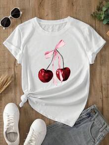 Women's Fitted White T-Shirt With Patriotic Ribbon And Cherry Print, Casual Chic Style. Casual Summer T-Shirt With Patriotic Graphic, Chic And Flattering Style For 4th Of July Parties. - YH574-白色 - 查看 2