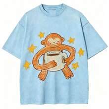 Vintage Washed BlackT-Shirt, Cute Cartoon Monkey With Coffee Cup & Yellow Stars Print Tee,Retro Distressed Oversized Short Sleeve Casual StreetwearTop - 淺藍色 - 查看 1
