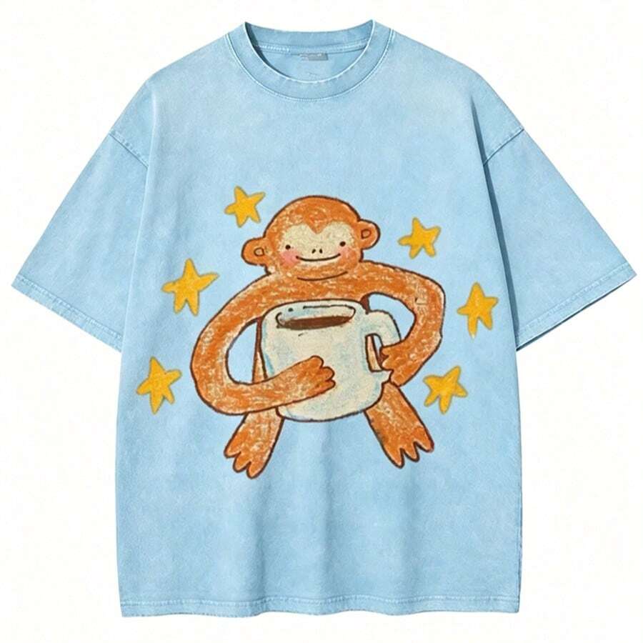 Vintage Washed BlackT-Shirt, Cute Cartoon Monkey With Coffee Cup & Yellow Stars Print Tee,Retro Distressed Oversized Short Sleeve Casual StreetwearTop - 淺藍色 - 查看 1