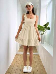 Vestido casual de mujer de unicolor con volantes en el bajo, para verano - Albaricoque - Ver 4