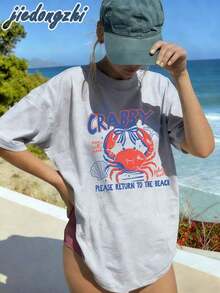 If Crabby Please Come Back To The Beach, Women's Crab Graphic Tees, Summer Tops, Women's Vacation Clothes, Casual Beach Tees, Funny Crab Print Tee, Women's Summer Clothes - 灰色 - 查看 6