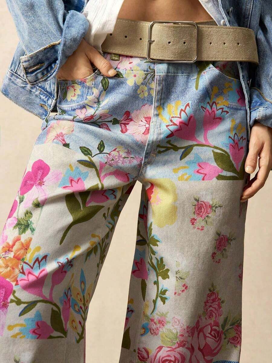 Pantalones anchos de mujer casuales, sueltos y estampados de tejido - Multicolor - Ver 1