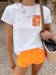 Short-Sleeved T-Shirt With Floral Print, Casual White Summer Holiday Wear, Women's Oversized Vintage Graphic T-Shirt Cotton - 白色的 - 查看 3