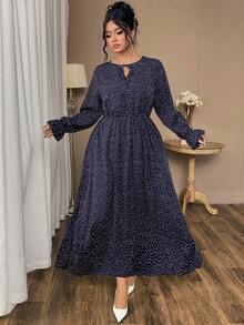 Vestido largo holgado de manga larga con estampado de lunares para talla grande - Azul Marino - Ver 3