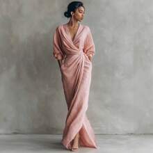 DAILY DOSE 2026 New Elegant Solid Color V Neck Long Sleeve Slit Waist Pocket Midi Dress For Women Chic European And American Style Party Casual Bodycon Maxi Dress With Side Slits, Girls' Gifts - 棕色 - 查看 3