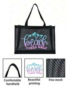 2pcs Large Capacity Mesh Bag Set, Gradient Shiny Beach Palm Tree Print Mesh Bag, Mesh Beach Tote Bag, Mesh Cosmetic Storage Bag, Foldable Waterproof Beach Bag, Letter Decor Mesh Beach Shoulder Bag, Women's Personalized Gift Bag, Makeup Bag, Summer - Black - View 6