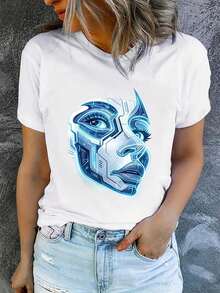 Camisetas de Verano de Manga Corta Estampadas para Mujer, Modernas y Casuales, Lavables a Máquina, Ajuste Cómodo, Impresión Plana 2D - Blanco - Ver 1
