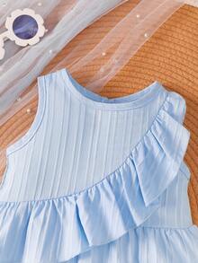 2pcs/Set Girls' Summer Outfit: Blue Striped Sleeveless Top With Ruffle Design And Ditsy Floral, Bowknot Decor Ruffle Hem Shorts, Casual Suit For Outdoor Wear - Baby Blue - View 3