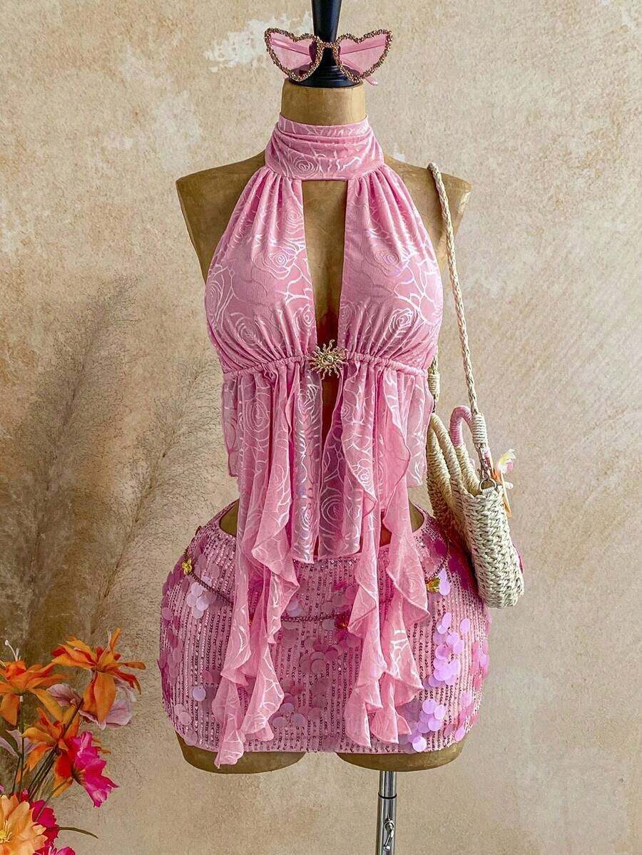 Blusa de mujer con encaje bordado, escote halter, espalda descubierta, tirantes con lazo, bajo fluido y elegante, adecuada para la playa, cruceros y resorts - Rosa Pálido - Ver 1
