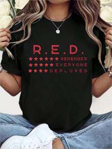 1 pieza - Camiseta de Talla Grande "Viernes en Rojo: Recordemos a Todo el Personal Desplegado", Camiseta de Conmemoración del Viernes Rojo, Camiseta Holgada de Moda para Mujer, Cómoda para Uso Diario, Adecuada para Actividades Casuales, Transpirable y Ligeramente Elástica, Lavable a Máquina Y2Y-Ropa de Verano GWPN180g 100% Algodón - Negro - Ver 10