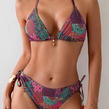 Bikini Set With Vintage Floral Print, Strapless Triangle Top And Lined Briefs, Two-Piece Set In Pink - Red Stamp - View 1