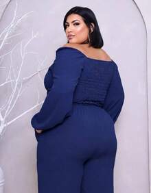 Conjunto Plus Size Blusa Cropped Ombro a Ombro e Calça Forrada Pantalona Cintura Alta Elegante - Azul Marinho - Visão 3