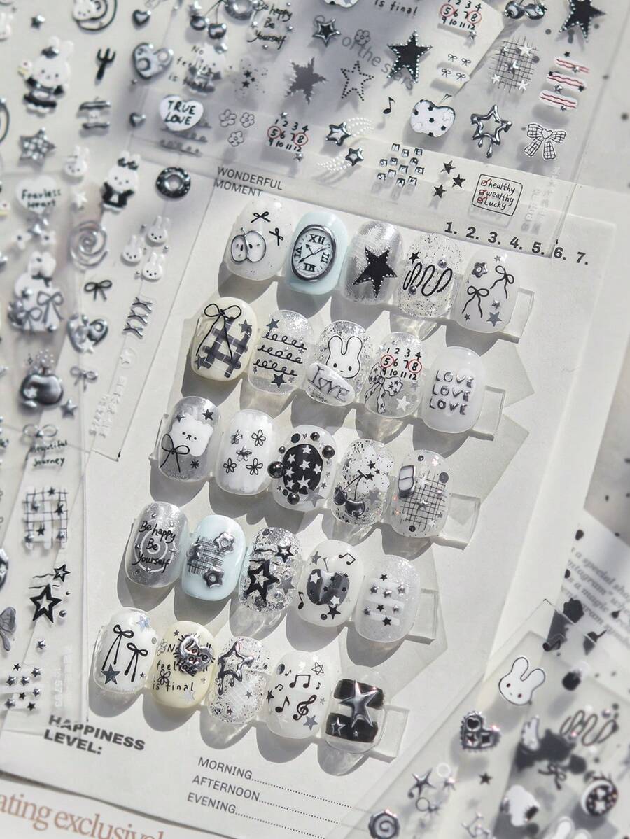 1张金色箔纸黑白涂鸦美甲贴纸,3D立体星星樱桃字母美甲贴纸,DIY美甲配件 - 彩色 - 查看 1