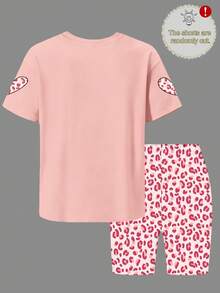 2pcs Tween Girl Crew Neck Short-Sleeve T-Shirts With All-Over 'DANCE' And Heart Print Patterns And A Pair Of All-Over Printed Shorts, New Summer Set - Pink - View 3