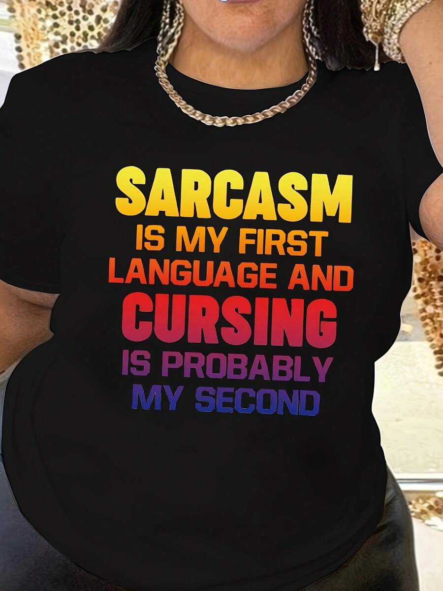 Plus Size, Casual Short Sleeve T-Shirt For Women, Plus Size Women's Clothing, Plus Size Print Casual T-Shirt For Women - 黑色 - 查看 1