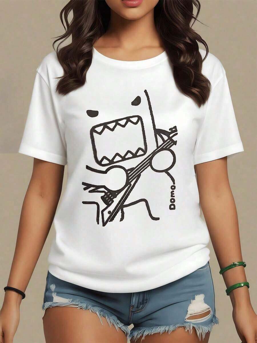Cartoon Creature Figure With Open Mouth Showing Teeth Playing Electric Guitar Transmitting Youthful Energy Women's T-Shirt 100% Cotton 220g, Maija Curvy Woman. - 白色 - 查看 1