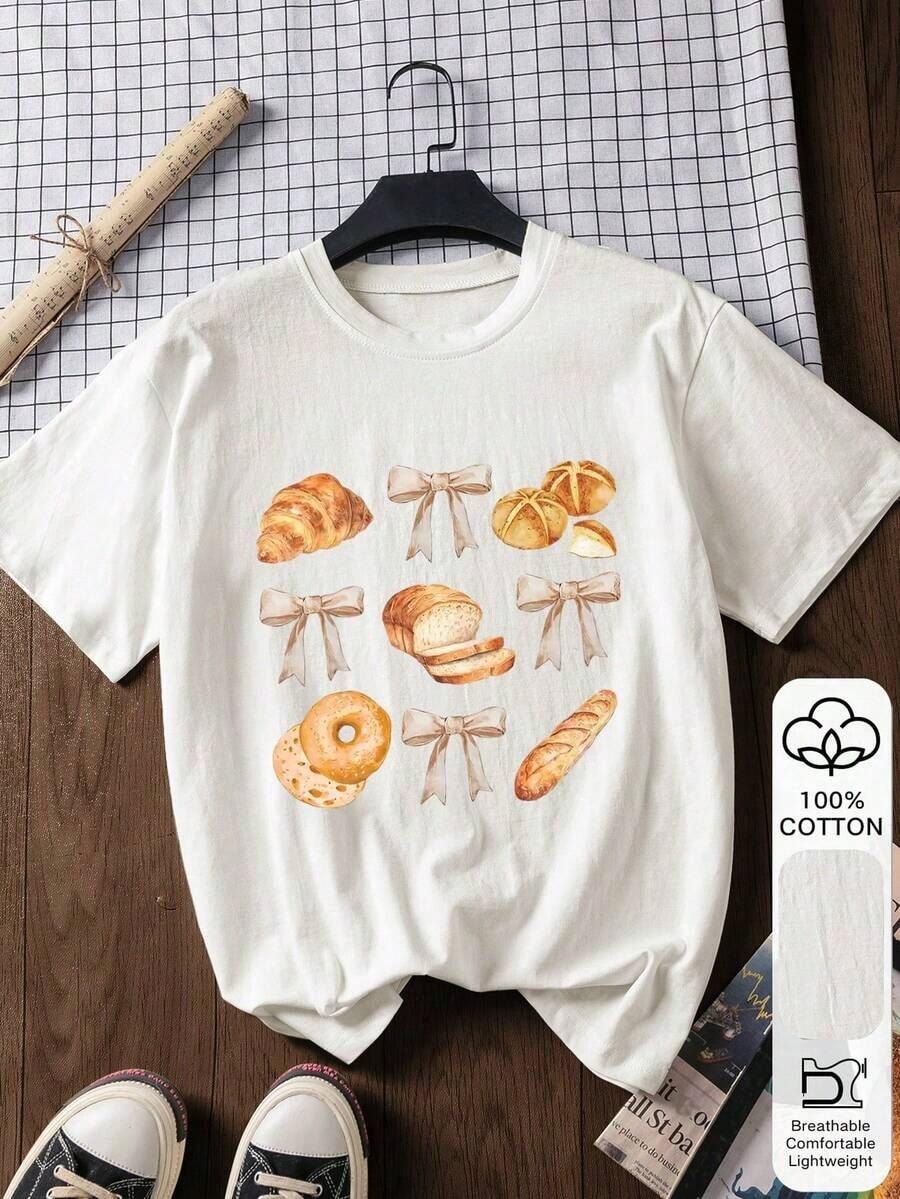 Mexican Basic Blusa casual de 100% algodón con estampado de pan, de manga corta, tela suave, camiseta gráfica, atuendo de verano, estilo de playa, vestimenta minimalista para vacaciones New Launch - Blanco - Ver 1