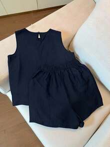 Conjunto de top de tirantes y shorts con bordado floral diminuto - azul real - Ver 2