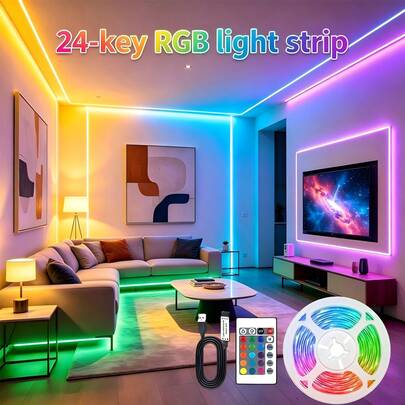 1 dải đèn LED RGB cấp nguồn USB kèm điều khiển từ xa 24 phím, có thể điều chỉnh độ sáng. Thích hợp trang trí phòng khách, phòng ngủ, phòng chơi game và trang trí ngày lễ.