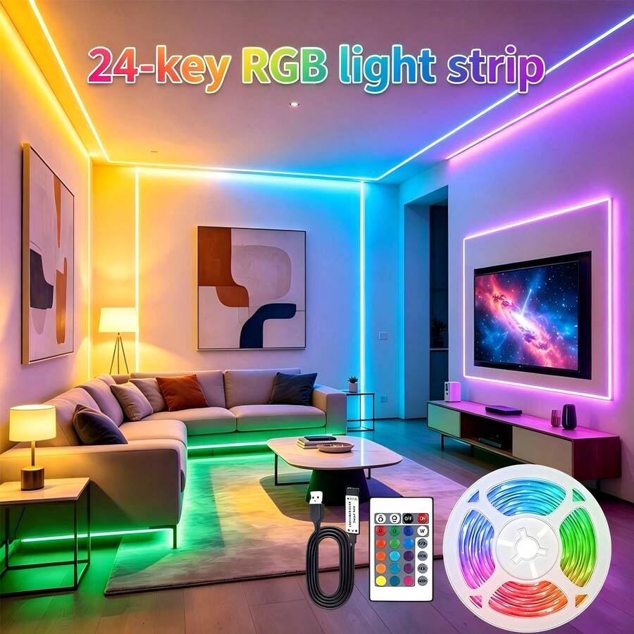 1条USB供电的RGB LED灯带,带24键遥控器,可调光。适用于客厅、卧室、游戏室装饰和节日装饰。 - 24-key RGB light strip - 查看 1