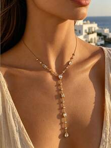 1Pc Elegant Luxury Golden Stainless Steel Y-Shaped Chain Heart Zirconia Necklace For Women, Daily/Summer Boho/Party/Wedding,Mom Gift,Valentine Birthday - Multicolor - View 2