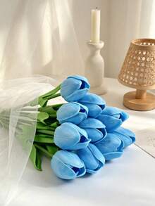 Ramo de flores artificiales de tulipán azul claro, decoración floral para boda/fiesta/hogar/oficina - Celeste - Ver 5