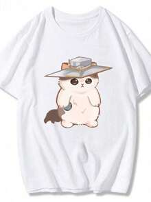Camisetas de Mujer Harajuku de Manga Corta, Estampadas con Gato y Pingüino Sorprendido, Cuello Redondo, Estilo Casual de Verano, Y2k - Blanco - Ver 1