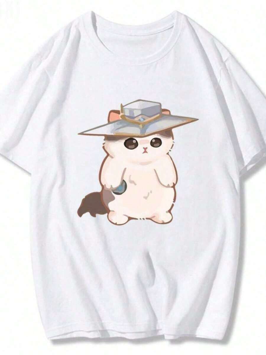 Camisetas de Mujer Harajuku de Manga Corta, Estampadas con Gato y Pingüino Sorprendido, Cuello Redondo, Estilo Casual de Verano, Y2k - Blanco - Ver 1