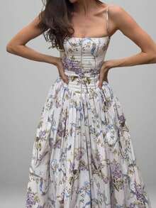 Vestido sin mangas primavera estampado combinado estilo europeo casual elegante para mujer - Dorado - Ver 3