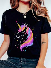 Women's Short Sleeve Cotton T-Shirt, Casual Unicorn Glitter Design T-Shirt - Loose Fit Summer Top With Rainbow And Star Comb Design, Breathable Crew Neck T-Shirt For Casual Wear, Machine Washable T-Shirt, Non-See-Through Fabric, Medium Elasticity T-Shirt. - 黑色 - 查看 7