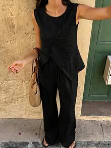Nuevo estilo independiente sin mangas y elegante temperamento mujeres cómodas y casuales juego de dos piezas - Negro - Ver 5