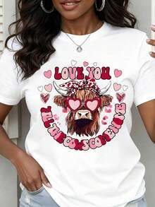 Camiseta de cuello redondo para mujer con estampado de vaca con gafas de corazón y la frase "Love You The Cows Come Home", manga corta, estilo casual para el Día de San Valentín. - Blanco - Ver 7
