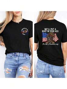 1 camiseta con el eslogan "WE'LL PUT A BOOT IN YOUR", gráfico de la bandera estadounidense y una bota militar, diseño frontal "CONTEST OF THE RED WHITE AND BLUE". Estilo nuevo 2026, ropa de verano para mujer, atuendo para vacaciones, atuendo para conciertos de música country, 180g, 100% algodón suave. - Negro - Ver 7