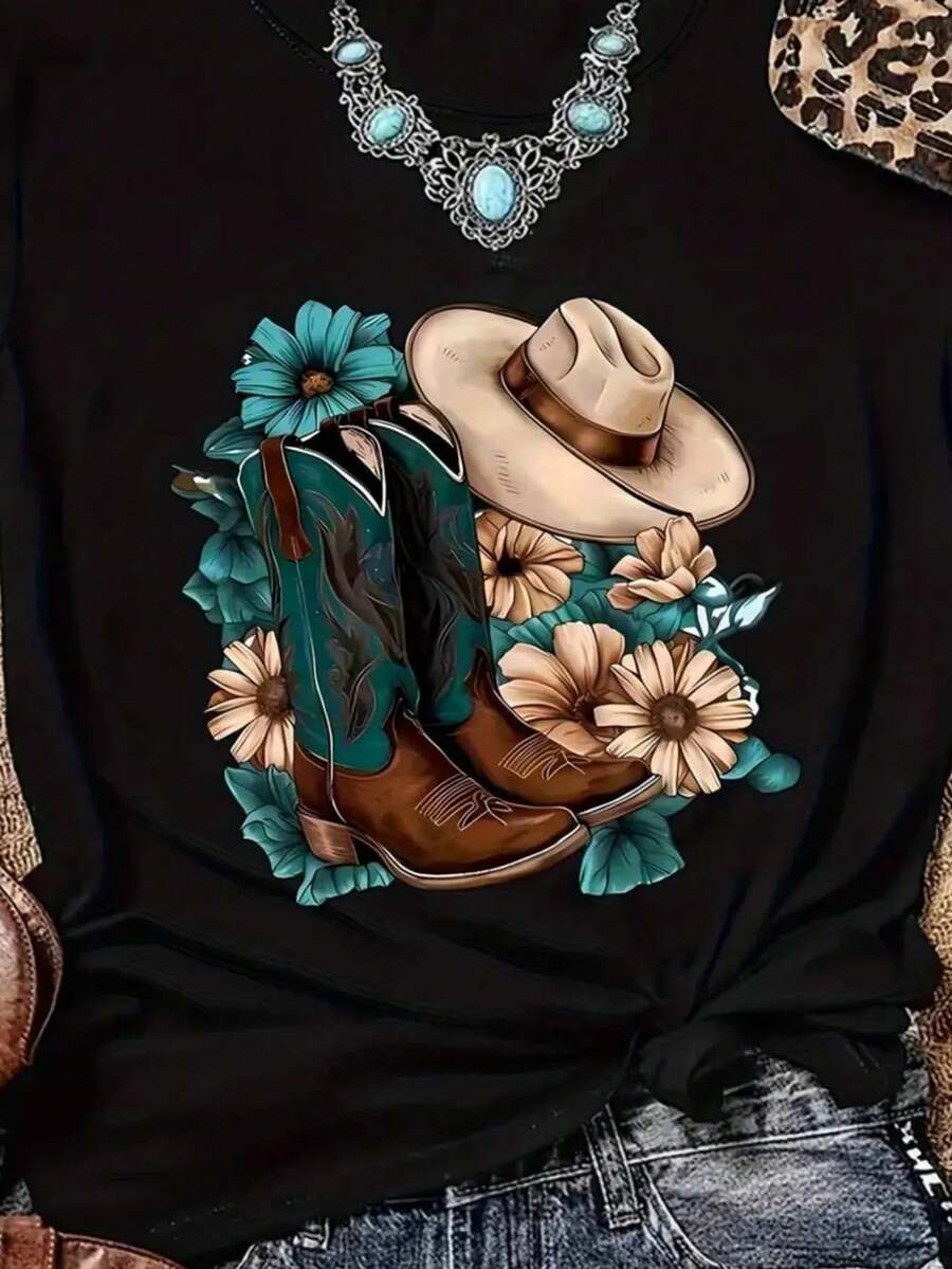 Camiseta Vaquera del Oeste para  con Botas de Vaquero Azul Verdoso - Prenda Superior Casual de Cuello Redondo Suave, Adecuada para Fiestas Temáticas del Oeste, Uso Diario - Lavable a Máquina, Camiseta de Manga Corta con Estampado Floral, Esen