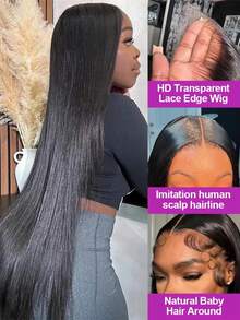 13x4 Natural Black Straight HD Lace Front Wig Pre Plucked 200% Density Human Frontal Hair Wig With Natural Hairline HD Transparent Lace Frontal Wigs For Women Long Blended Hair Wig - Tự nhiên & Đen - Xem 7