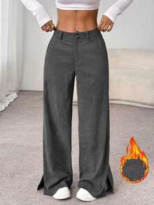Unity Pantalones largos rectos y sueltos de mujer con abertura lateral, de tela de pana, para otoño/invierno - Gris Oscuro - Ver 6