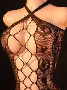 Lencería sexy para mujer con decoración de patrón de corazón, diseño calado y transparente, mono seductor sin entrepierna para fiestas y clubes nocturnos - Negro - Ver 5
