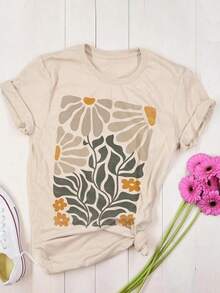 Women's Crew Neck T-Shirt With Plant Print 2026, Graphic Tees, Tops For Women - 杏色 - 查看 5