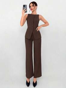 Conjunto de 2 piezas para uso de oficina para mujer, chaqueta con escote entallado color caqui y pantalones, para otoño/invierno - Marrón Mocha - Ver 1